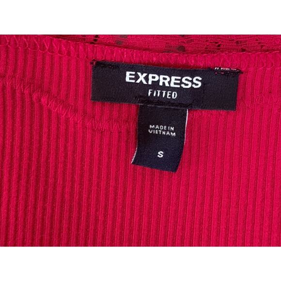 Express Fitted Lace Trim Top S Red Y2K Style Baby Tee Romantic Holiday Ribbed - Picture 4 of 5